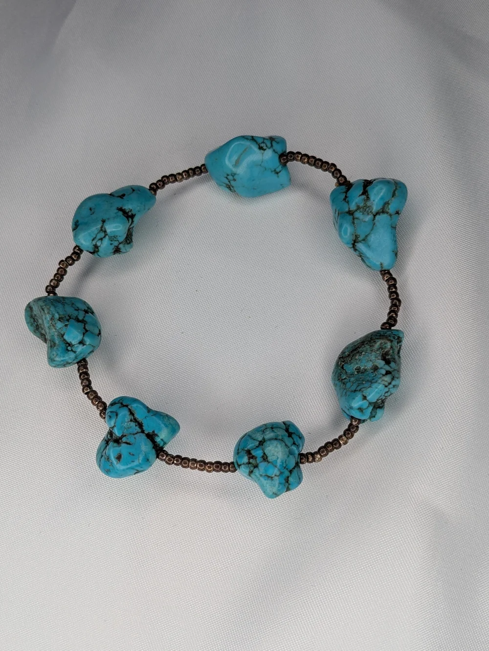 Dyed Howlite Turquoise Stone Nugget Stretch Bracelet Bronze Seed Bead Boho 7 In